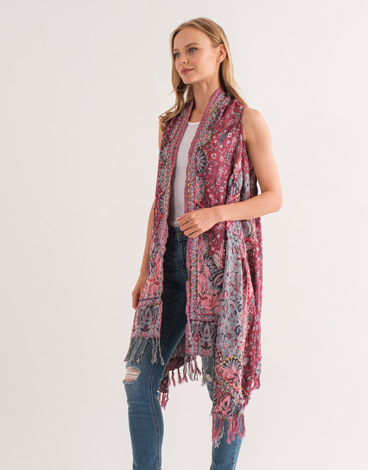 Conscintegrity Elaine Red Wine Hand-embroidered Open Vest