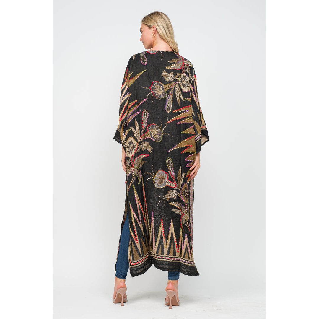 Black Abtract Multi-colored Bold Floral Hand-emroidered Kimono Duster