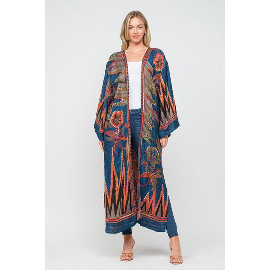 Blue & Tangerine Abstract Hand-embroidered Kimono Duster