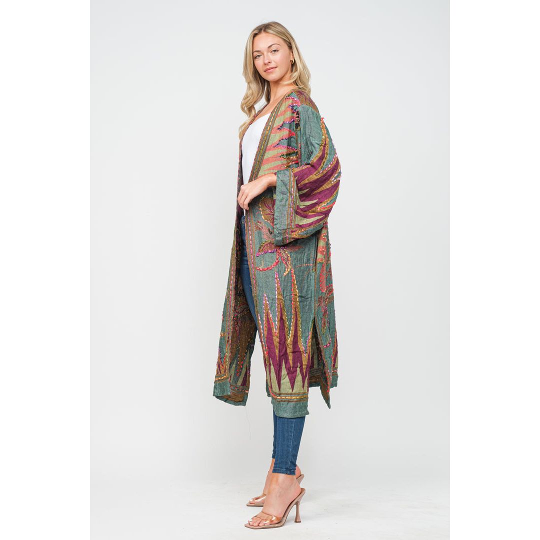 Sage & Green Abstract Hand-embroidered Kimono Duster