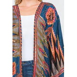 Blue & Tangerine Abstract Hand-embroidered Kimono Duster