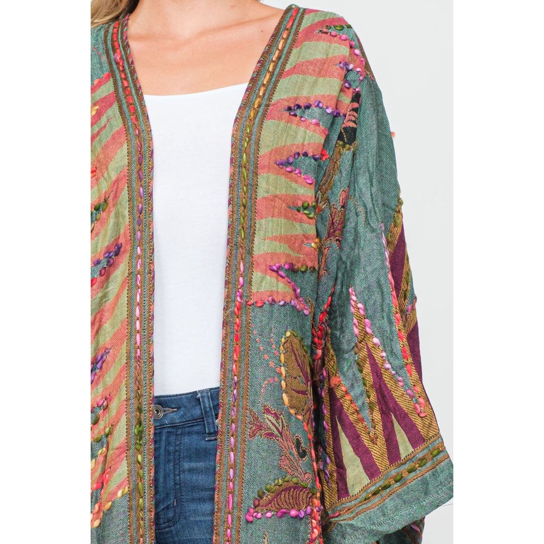 Sage & Green Abstract Hand-embroidered Kimono Duster