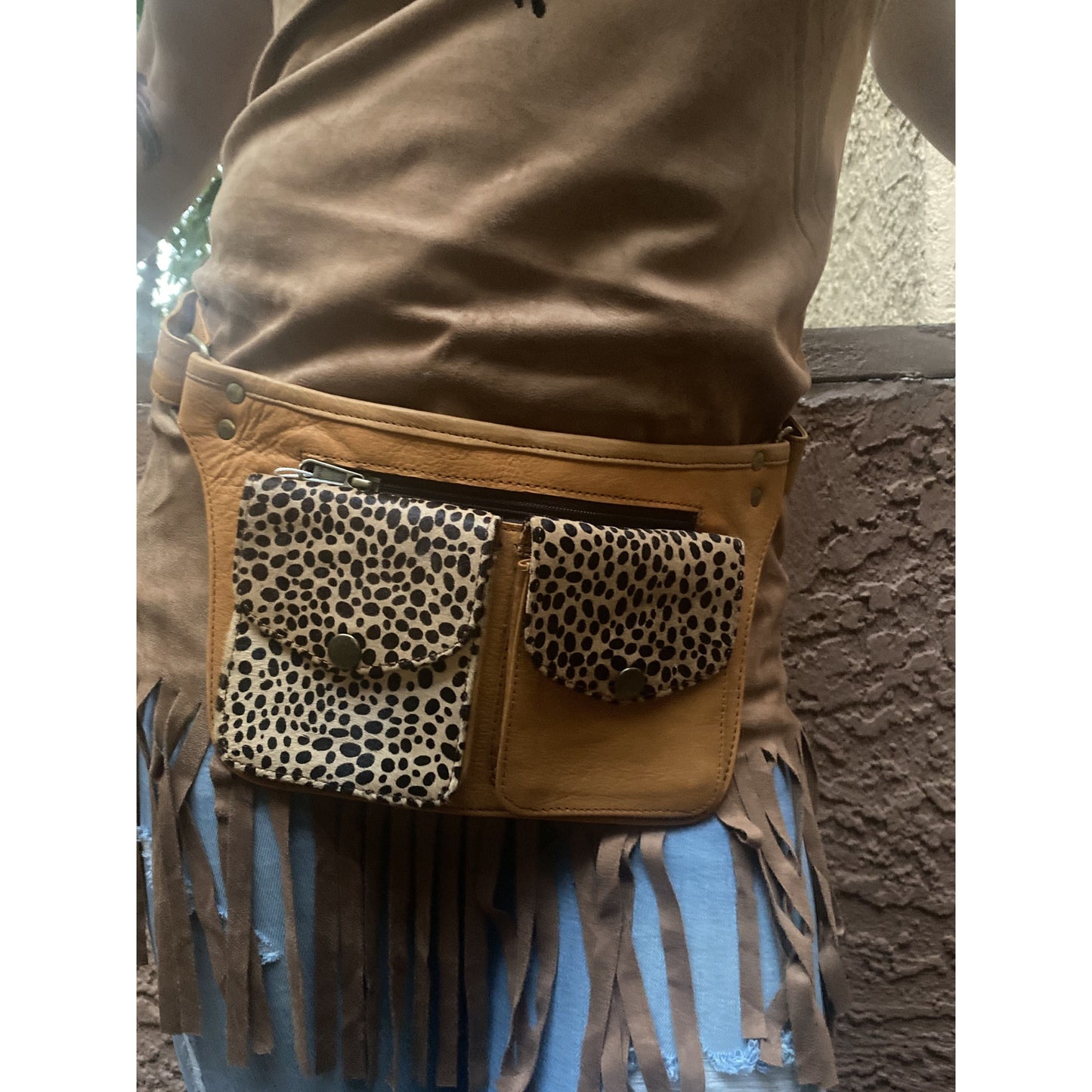 Genuine Leather/Cheetah Skin Double Front Pocket Waistbag